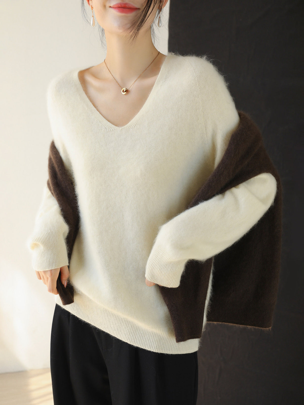 Cream women's V-neck brushed knit sweater, long sleeves