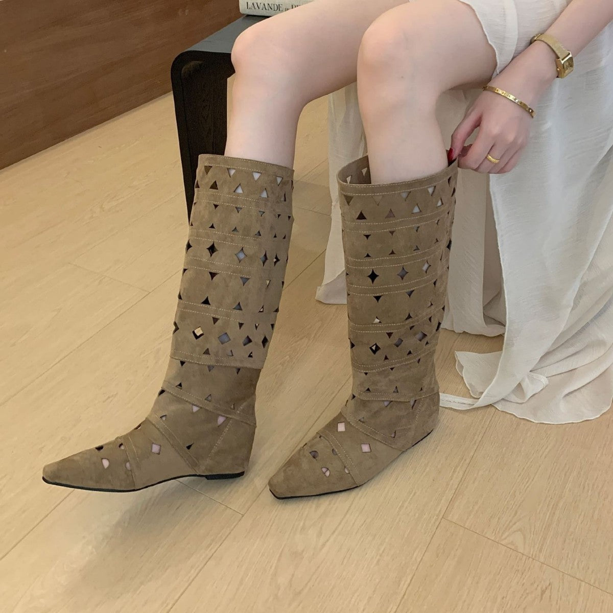 Cut Out Knee High Boots for Women — Flat Pointed Toe Slouch Boot in Suede