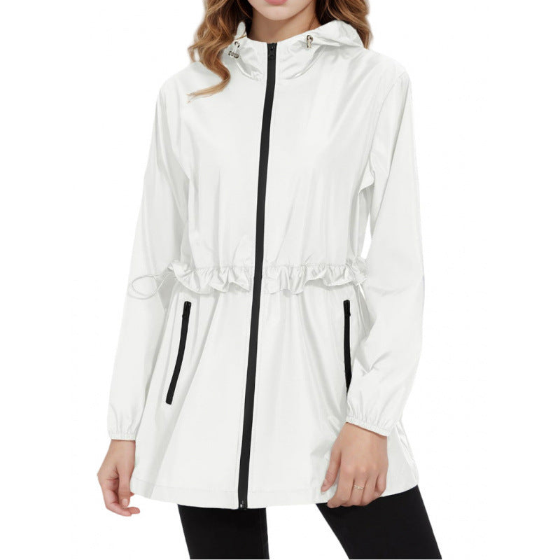 White lightweight hooded windbreaker jacket with full-zip front, drawstring waist, side pockets