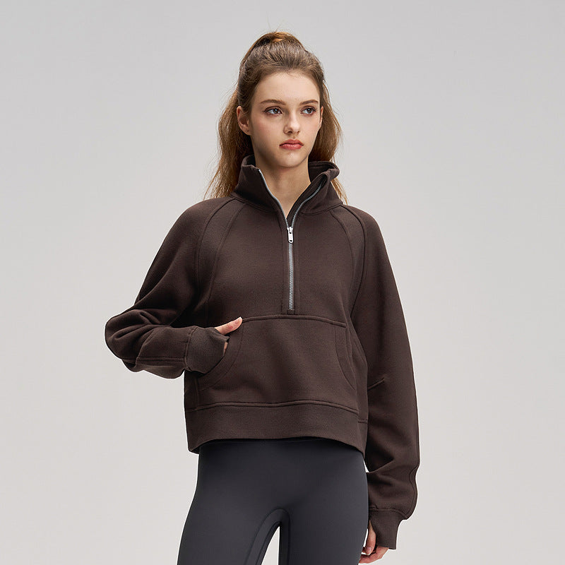 Espresso fleece-lined sports sweatshirt with high neck, half zip, kangaroo pocket and loose fit