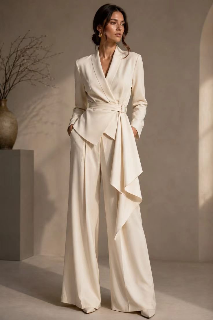 Women's crepe pant suit set in off-white, tie-waist blazer with wide-leg trousers