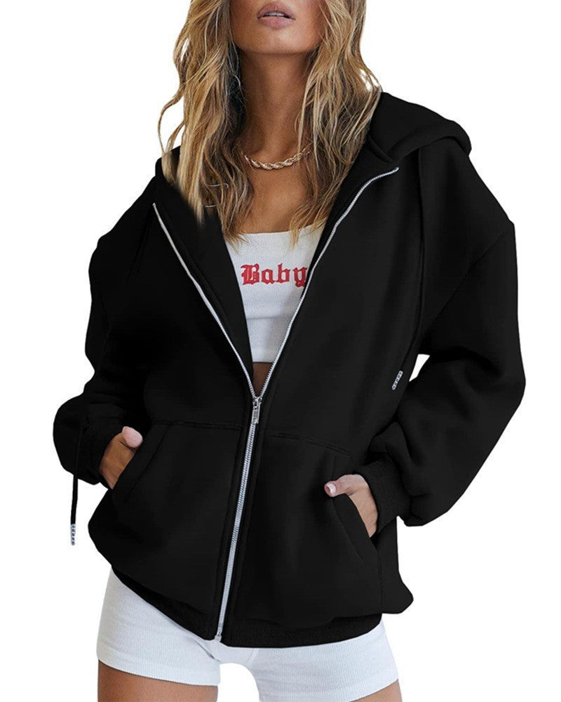 Black zip-up hoodie jacket with hood, drawstring, and front pockets.