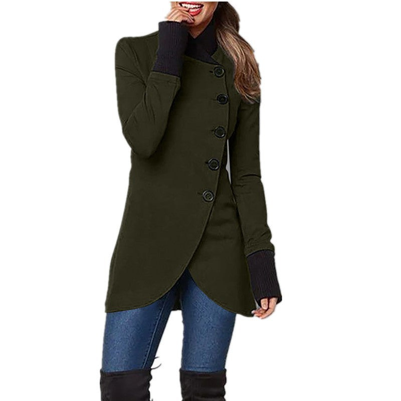 Olive green long coat with button front, long sleeves, and high side-slit hem
