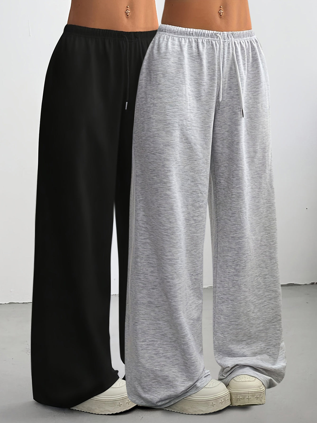 Women's high-waisted wide-leg sweatpants, light gray drawstring with elastic waistband.