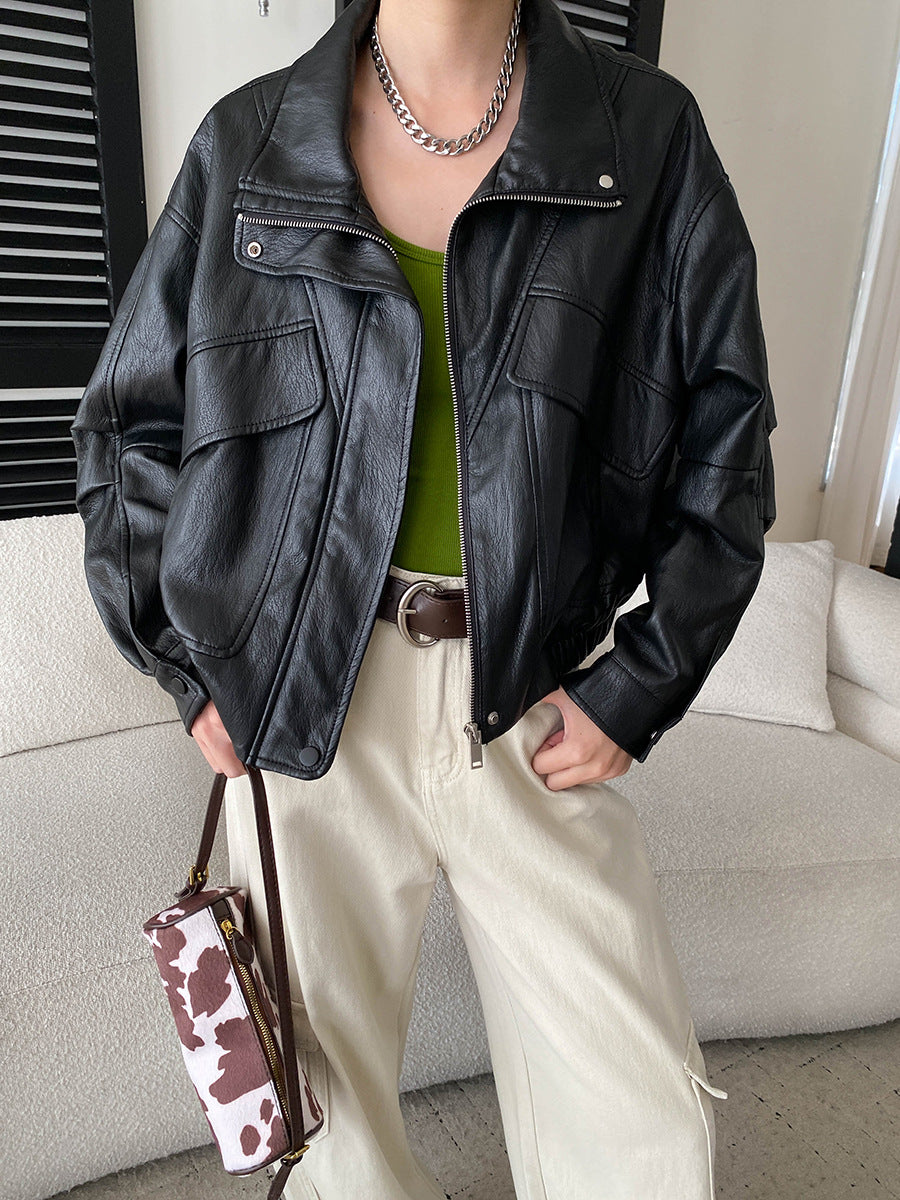 Black PU leather stand-collar short jacket, oversized fit, zipper front and flap pockets