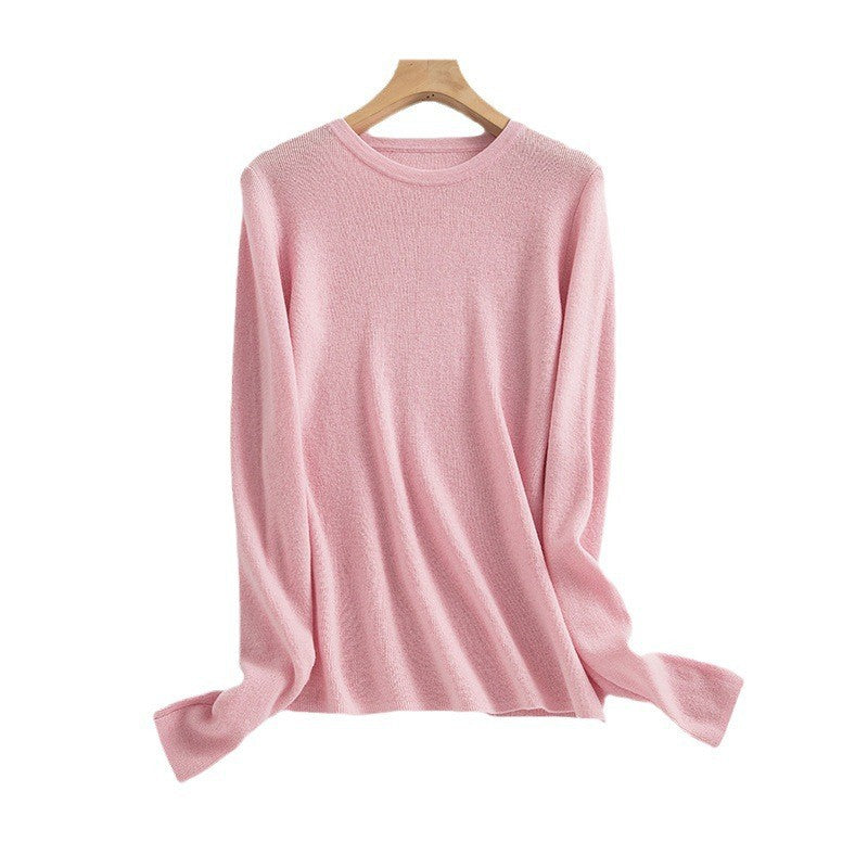 Women’s crew neck sweater, soft pink, long sleeves, fine knit pullover