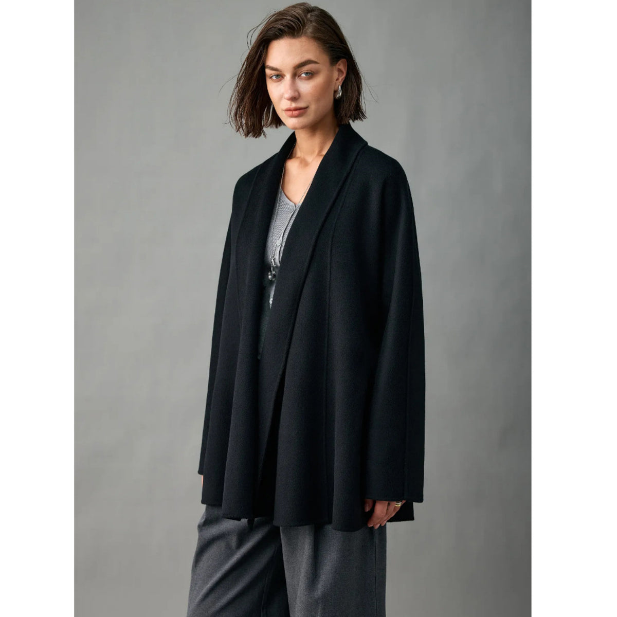 Wool Wrap Coat for Women — Shawl Collar Open Front with a Self Tie Belt