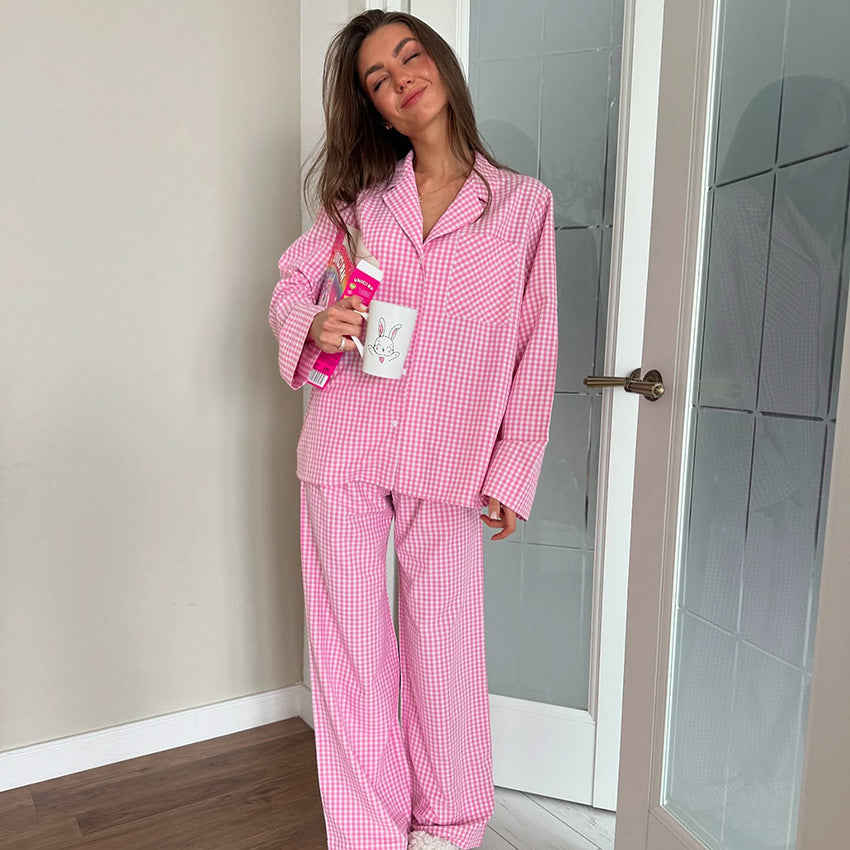 Women's pink and white checked pajama set, shown full length
