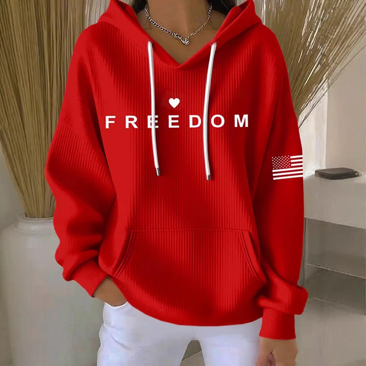 Freedom Graphic Hoodie for Women — Ribbed V Neck Pullover in Soft Cotton