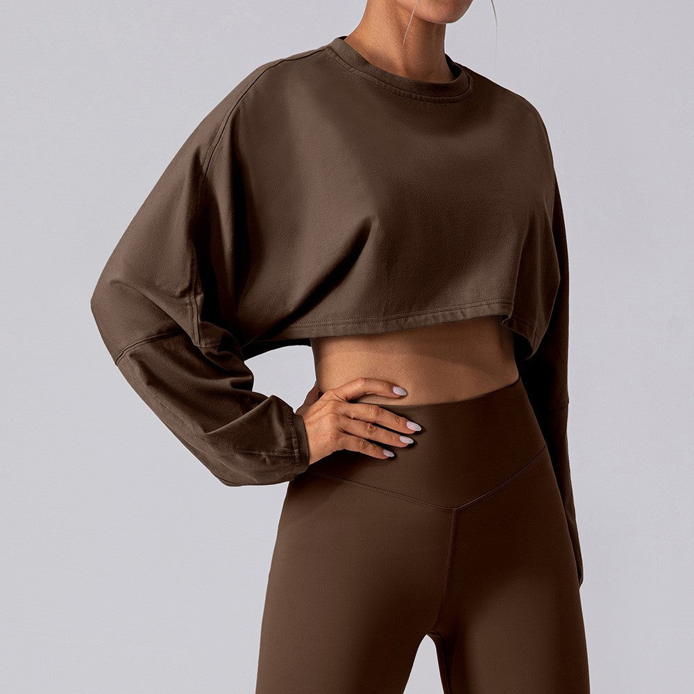 Women's cropped sweatshirt in dark brown, long sleeves, loose relaxed fit