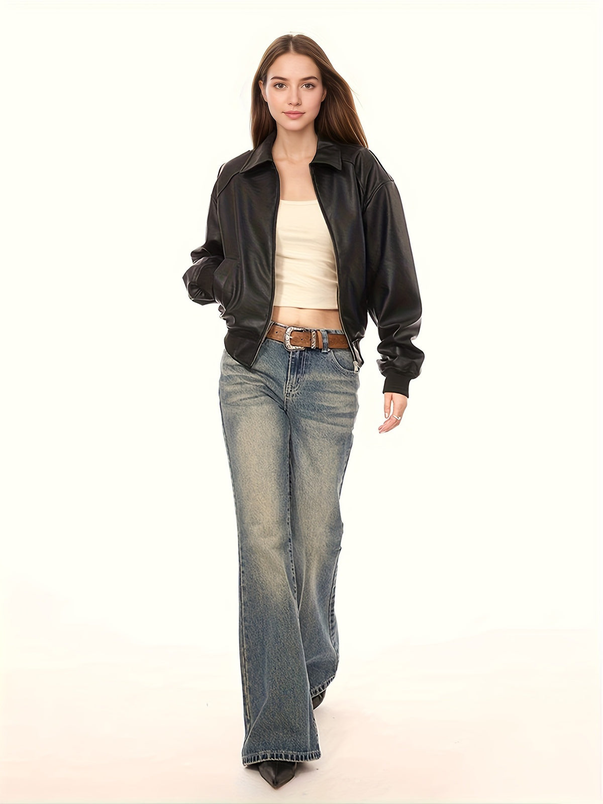 Women’s black PU leather zip-up jacket with lapel collar, full-body view, long sleeves