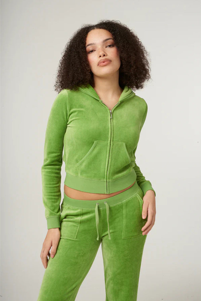 Lime green zip-front hoodie jacket and matching drawstring pants set