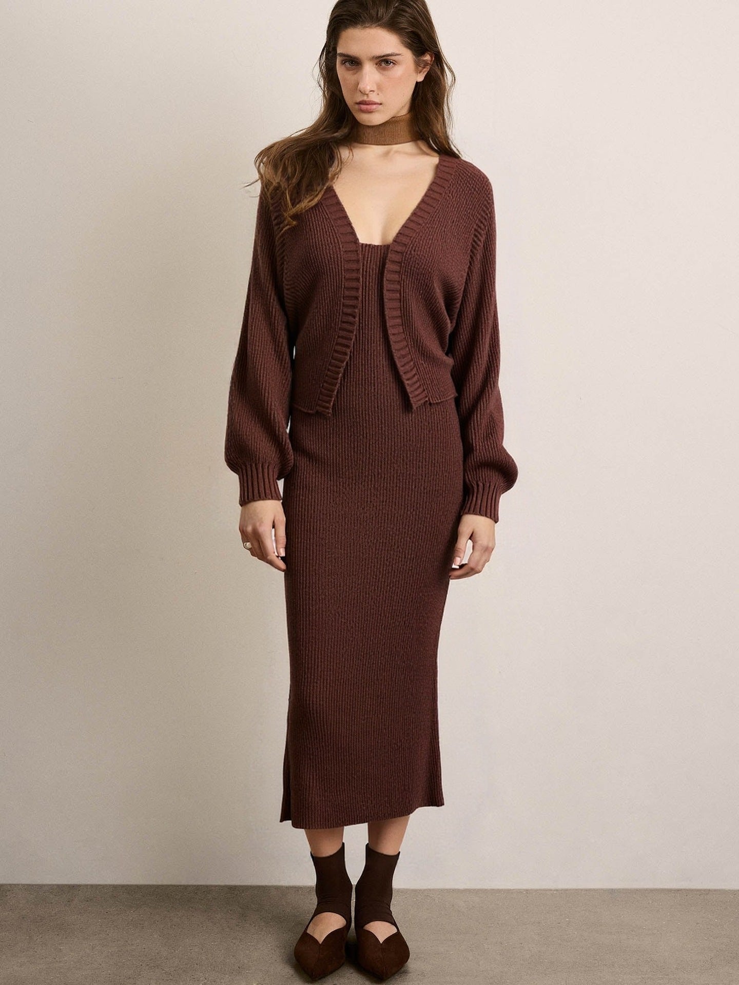 Brown knit cardigan over long-sleeve midi dress two-piece set, V-neck cardigan