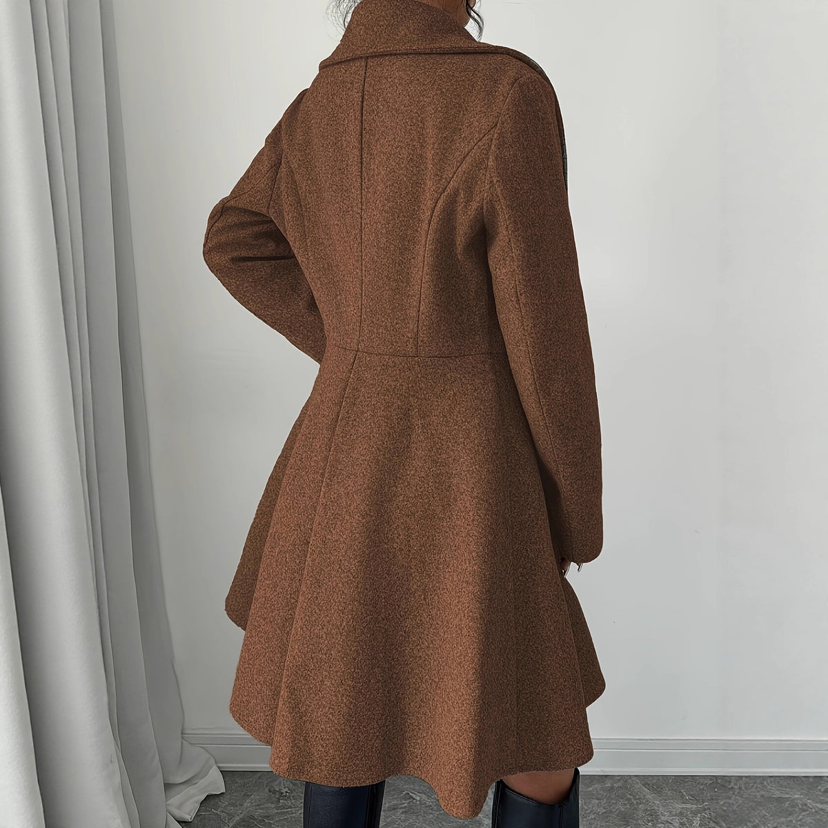 Brown wool coat, back view, fitted waist seam and flared A-line skirt, long sleeves