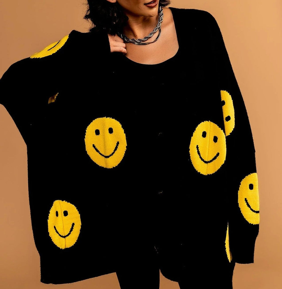 Oversized Cardigan for Women — Smiley Face Knit with a Button Front in Soft Cotton