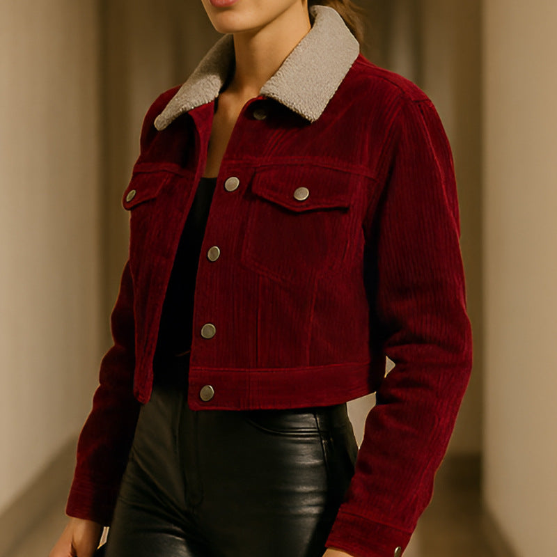 Burgundy corduroy cropped trucker jacket with sherpa collar and snap-button placket