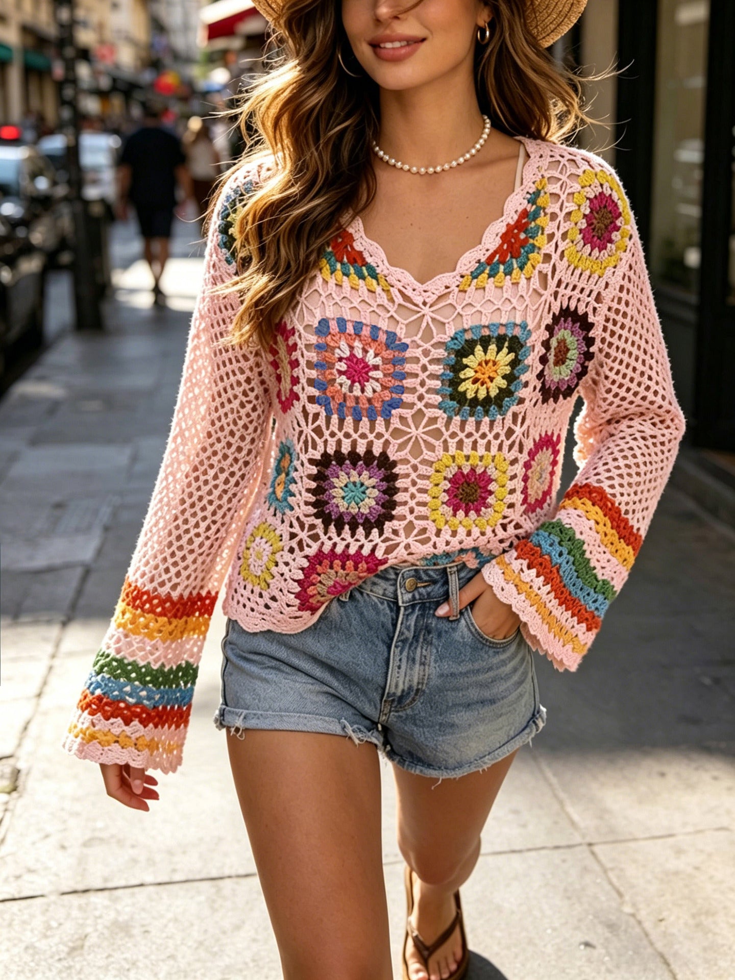 Granny square crochet top, pink base with colorful floral motifs and long bell sleeves
