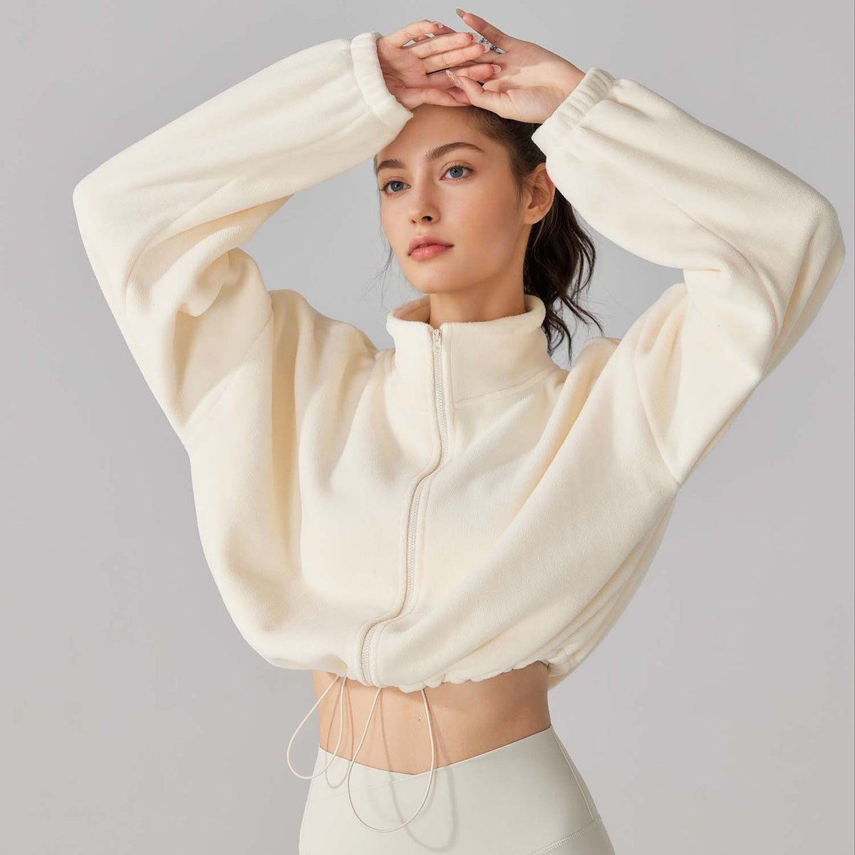 Cropped Fleece Jacket for Women — Zip Up Stand Collar with Drawstring Hem