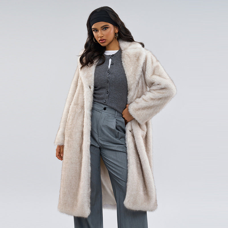 Off-white faux fur long coat, front 3/4 view with pointed collar and open front