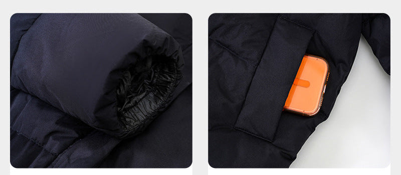Black puffer jacket cuff with elastic hem and snap pocket detail