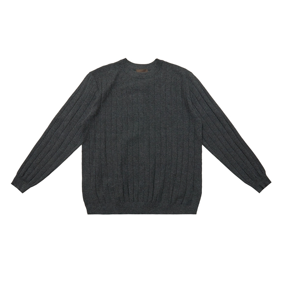 Dark gray vertical stripe ribbed knit sweater with crew round neck, long sleeves.