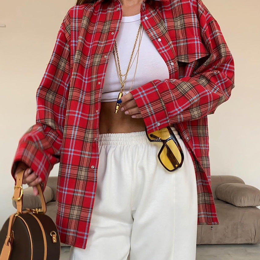 Red Plaid Flannel Shirt for Women — Oversized Button Front Layering Shirt