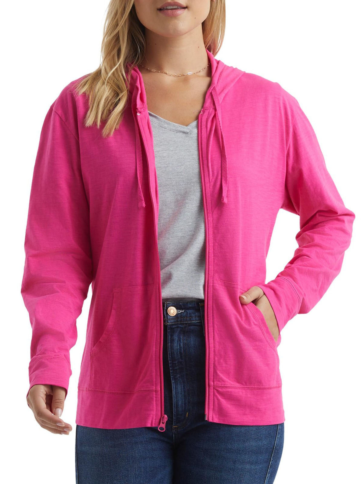 Pink plus-size zip-up hoodie sweatshirt with hood, drawstrings, and front pockets
