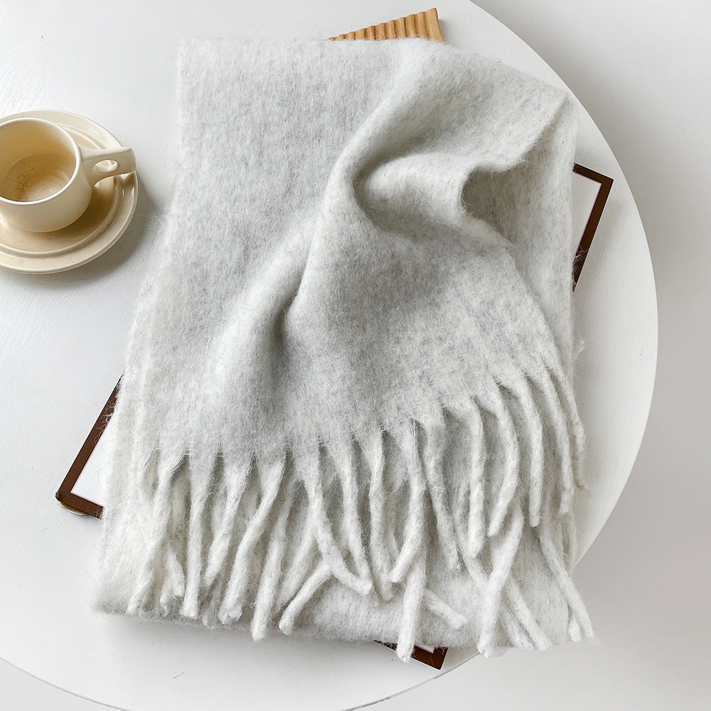 Women’s wool hair scarf, light gray/white solid wrap with fringe ends