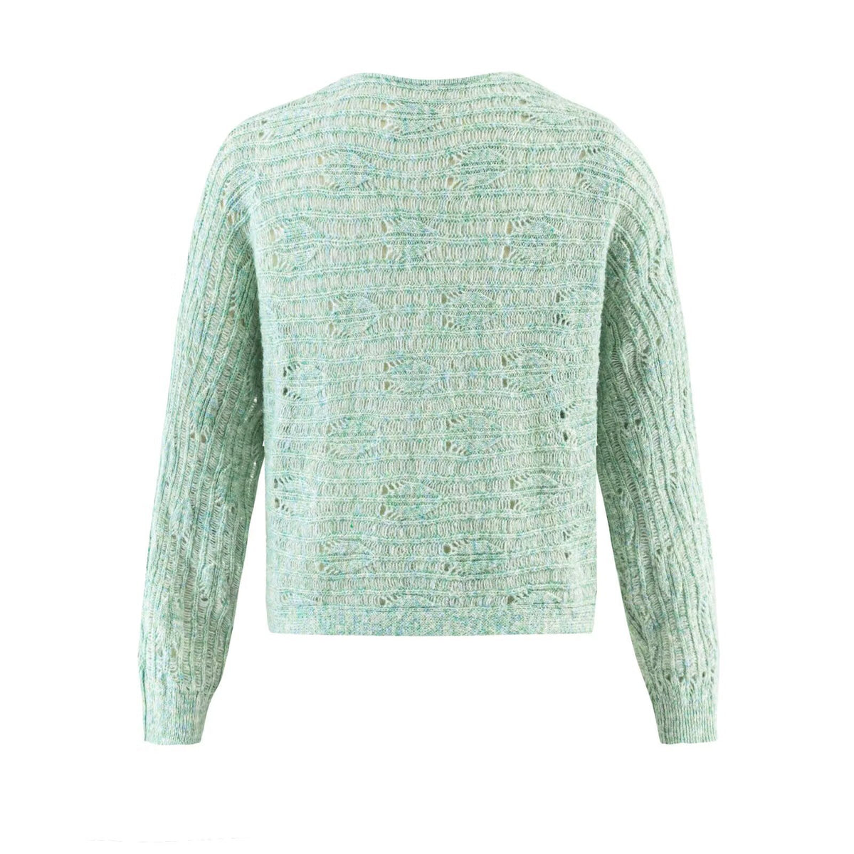 Mint green hollow knit cardigan, openwork back view with long sleeves