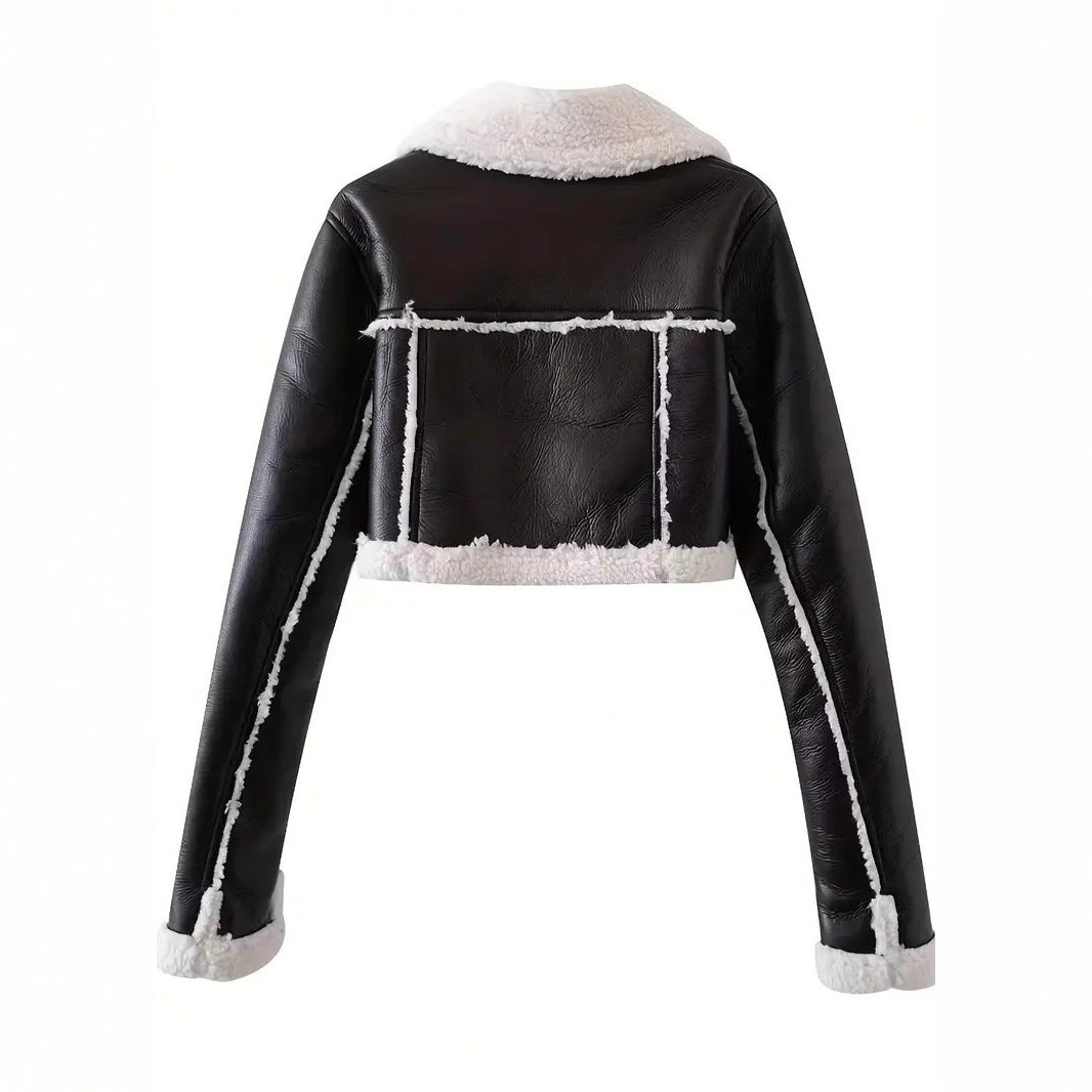 Shearling Jacket for Women — Cropped Faux Leather Moto with a Teddy Lining