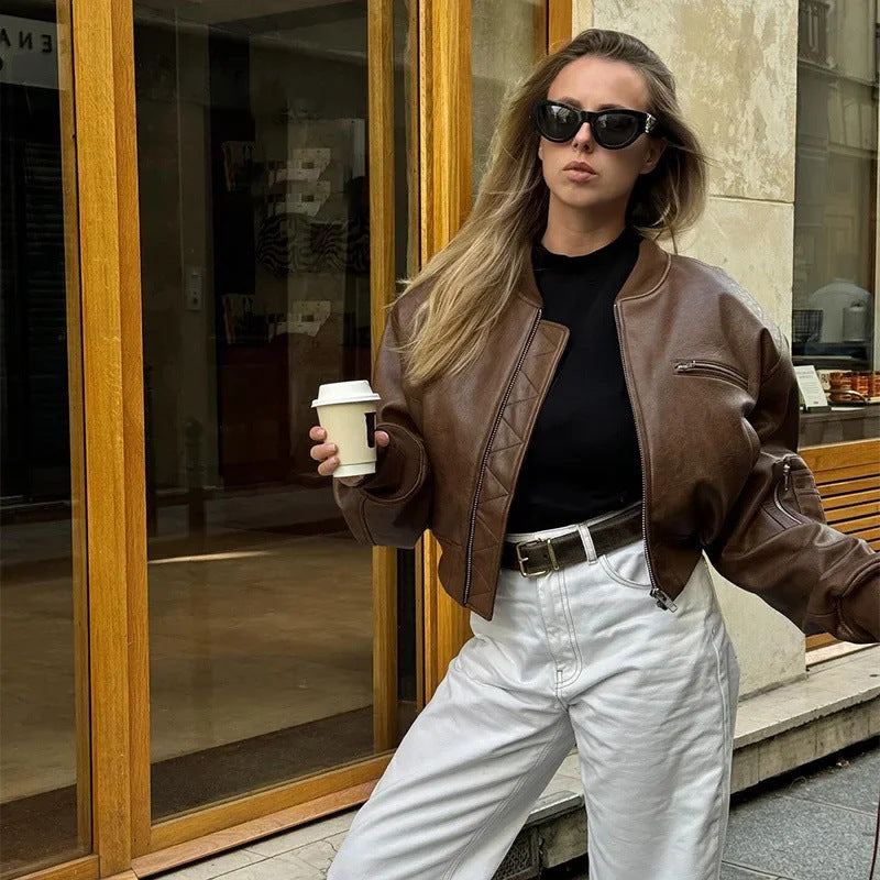 Women’s brown zip-front jacket with chest pocket and stand collar