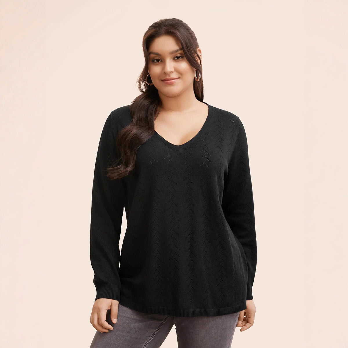 V Neck Sweater for Women — Pointelle Knit Pullover with a Longline Fit in Cotton