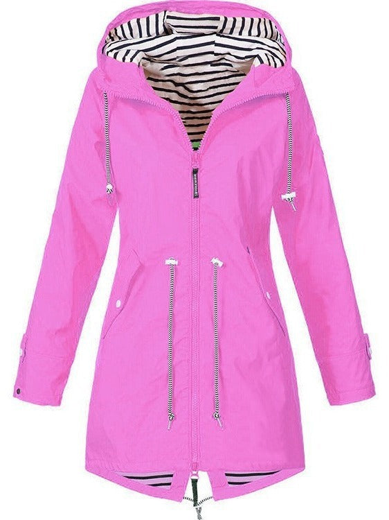 Pink hooded parka jacket with striped lining, full front zipper and long sleeves.