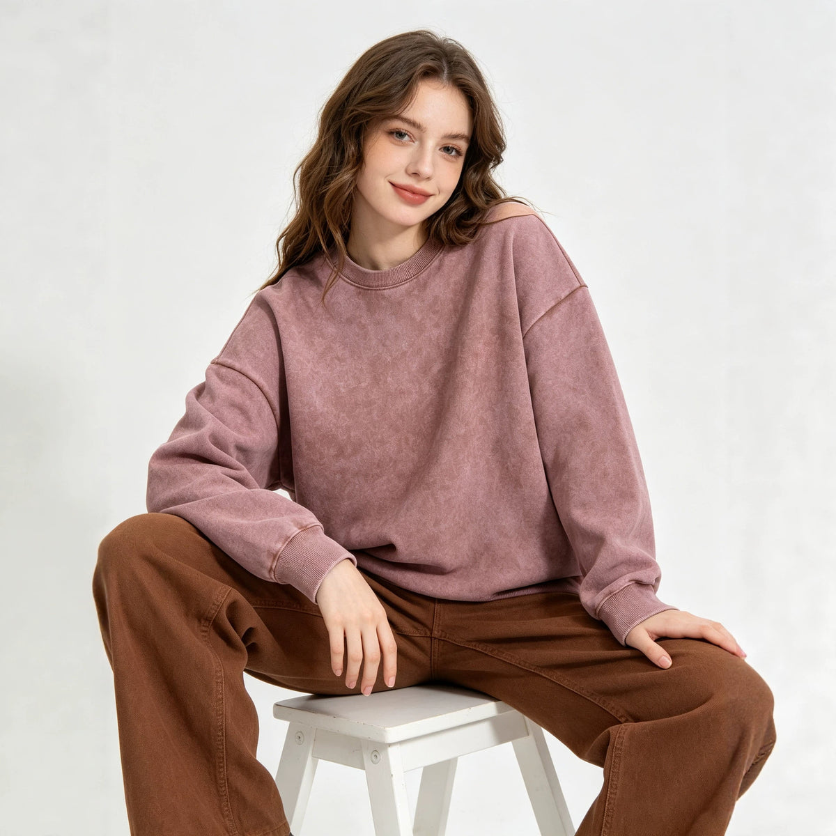 Women’s crewneck sweatshirt, washed mauve pink, long sleeves, pullover, no hood