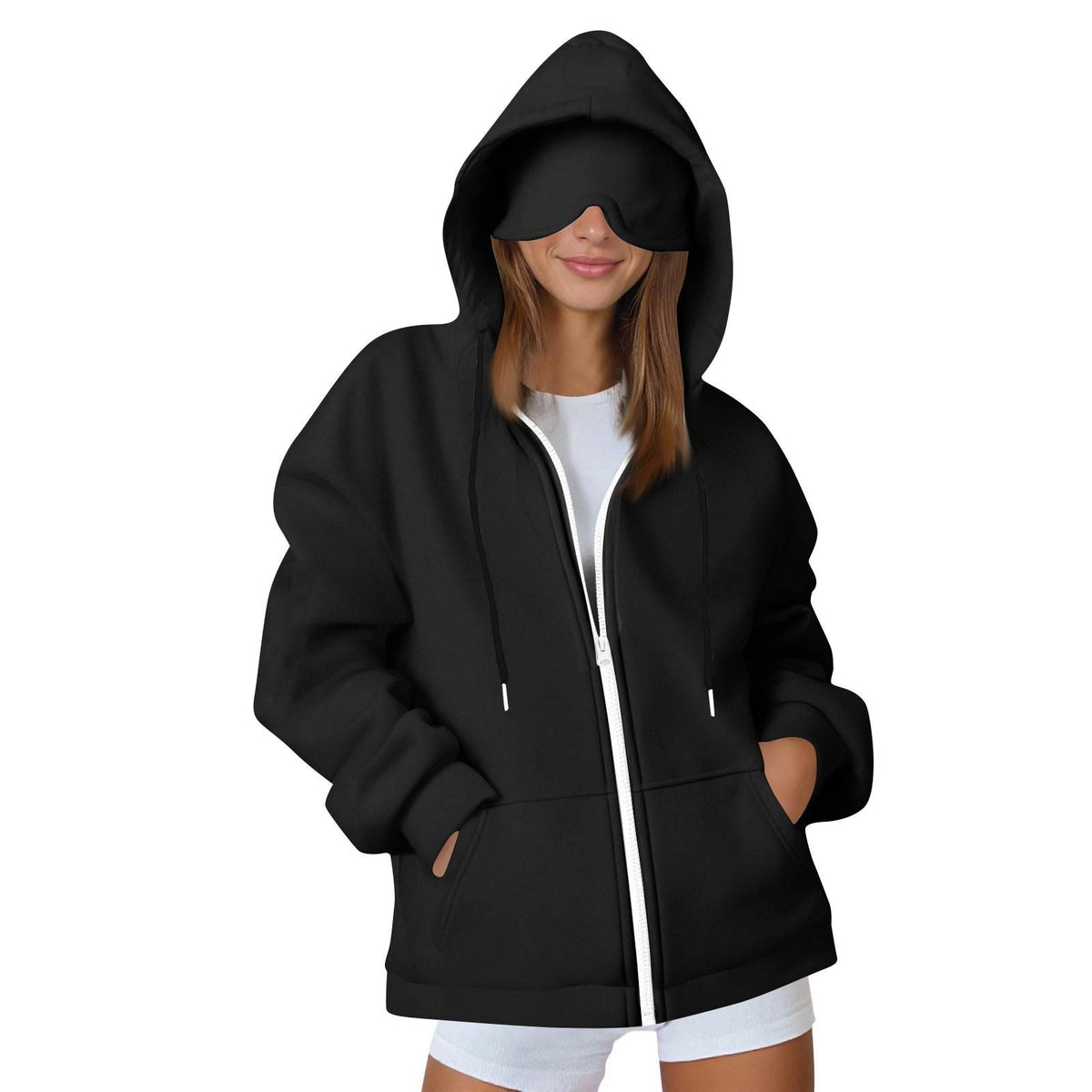 Women\'s zip-up hooded sweatshirt jacket in black, full front zipper, side pockets