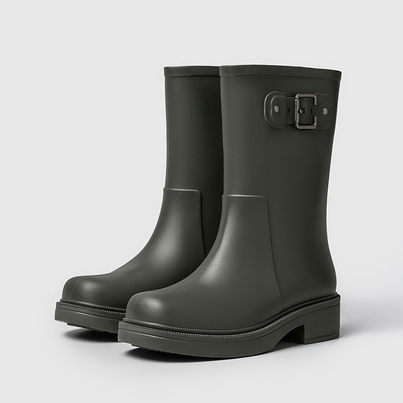 Women's dark green mid-calf rain boots with side buckle and flat sole