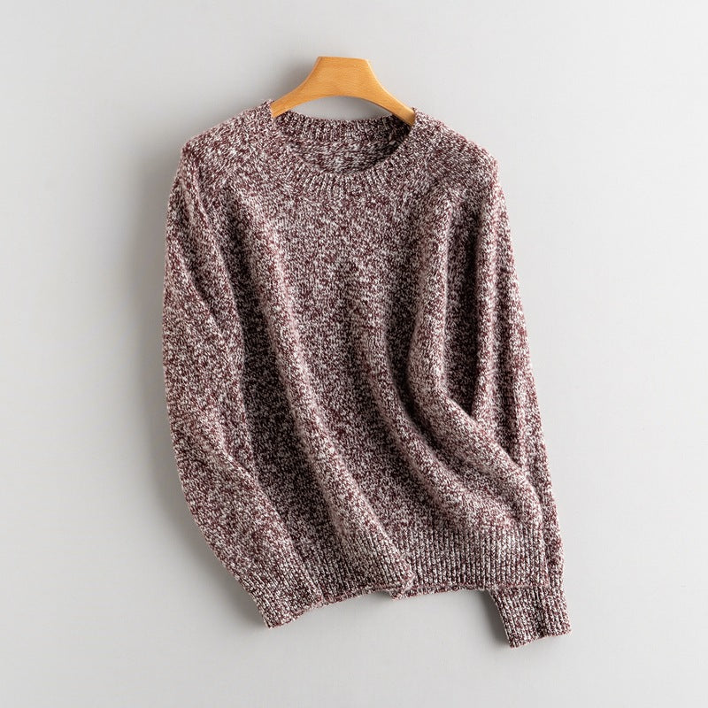 Women’s marled brown knit crewneck sweater, long sleeves, thick textured knit