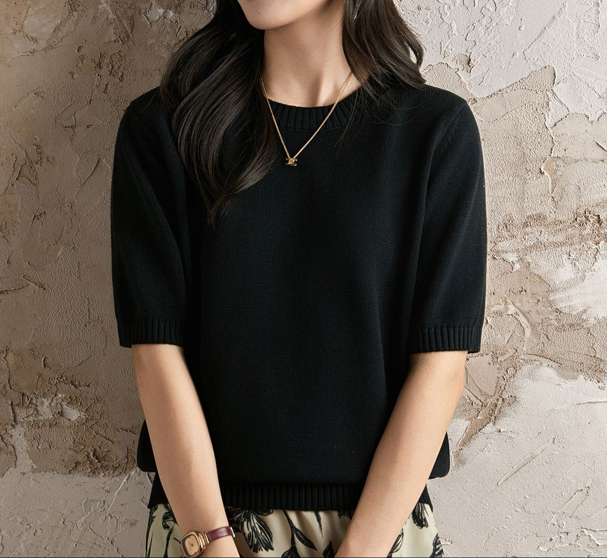 Short Sleeve Knit Top for Women — Crew Neck Cotton Sweater Tee with Ribbed Trim
