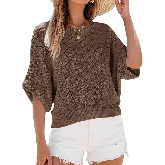 Dark brown women’s knit pullover sweater with round neck and short batwing sleeves