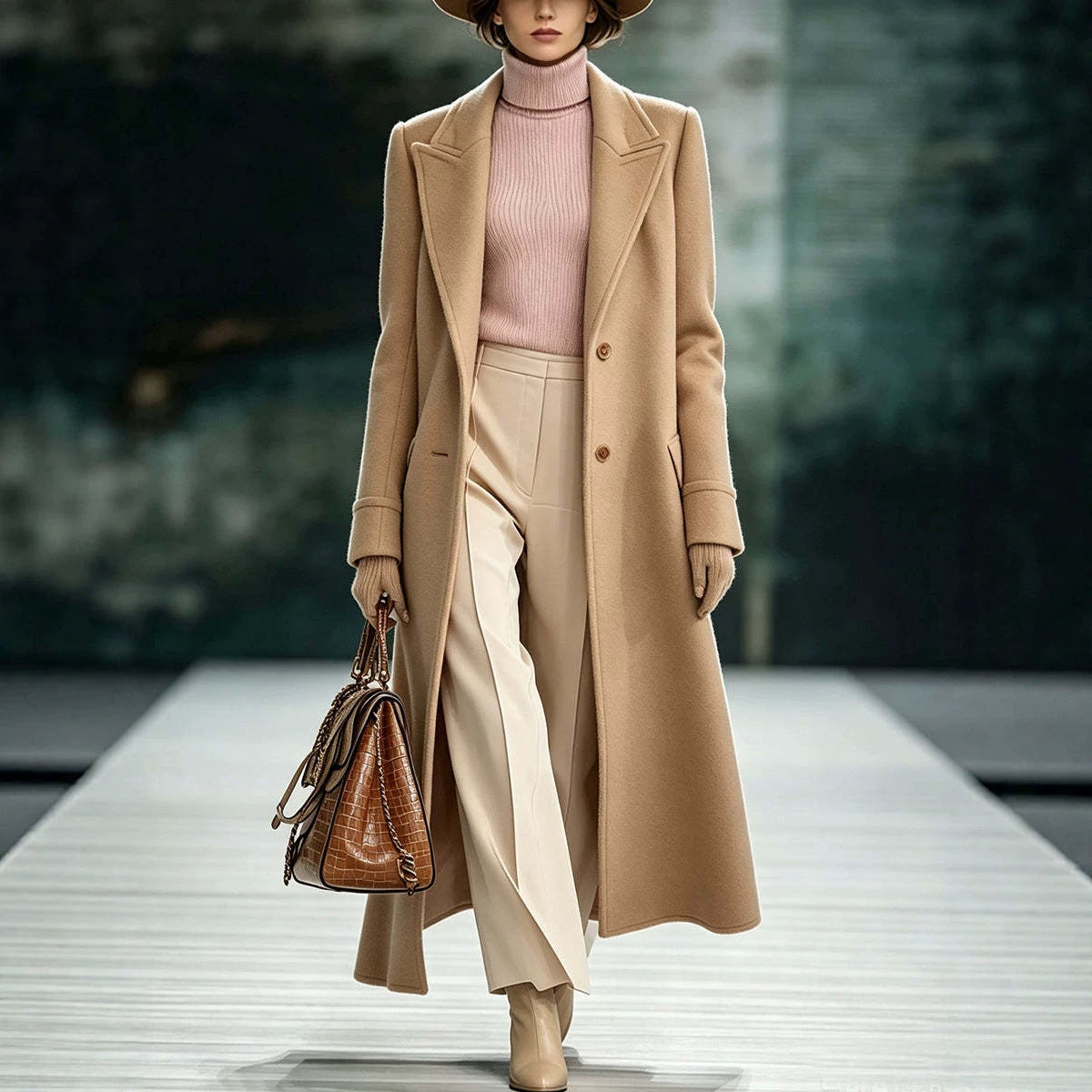 Camel long wool coat with notch lapels, single-breasted buttons, and maxi length