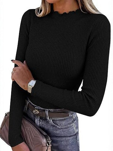 Mock Neck Top for Women — Fitted Ribbed Long Sleeve Knit with Lettuce Trim in Viscose