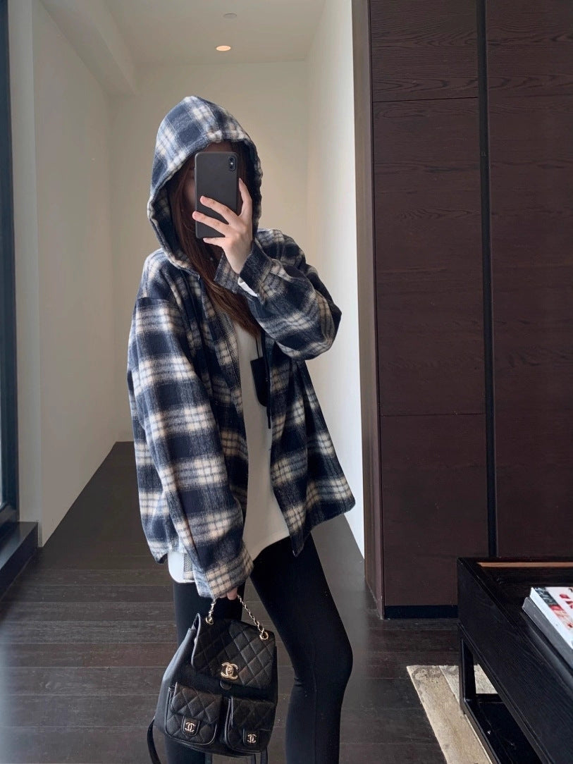 Women's blue plaid hooded shirt-jacket with front buttons and long sleeves