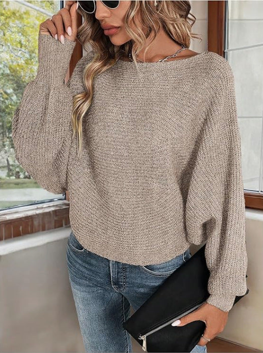 Off Shoulder Sweater for Women — Relaxed Batwing Fit with Lace Up Back in Merino Wool
