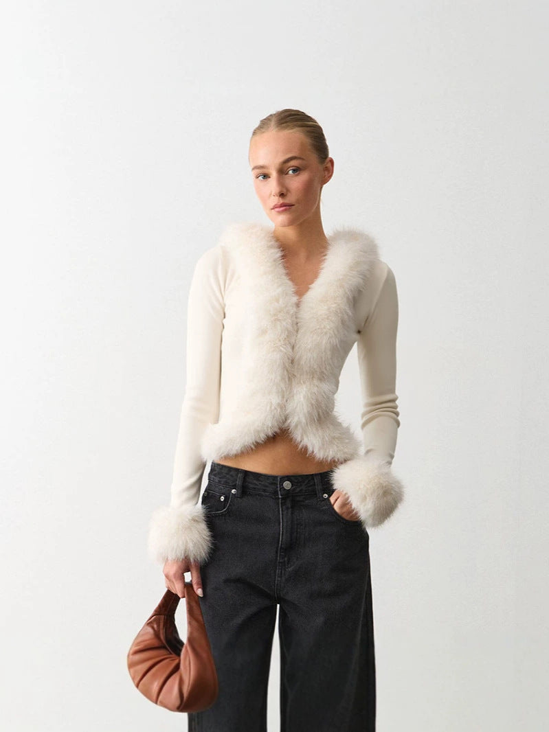 White faux fur V-neck cardigan with long sleeves and open front, soft frayed edges