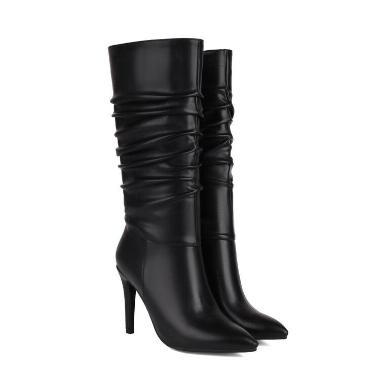 Slouch Boots for Women — Pointed Toe Stiletto Mid Calf Style in Faux Leather