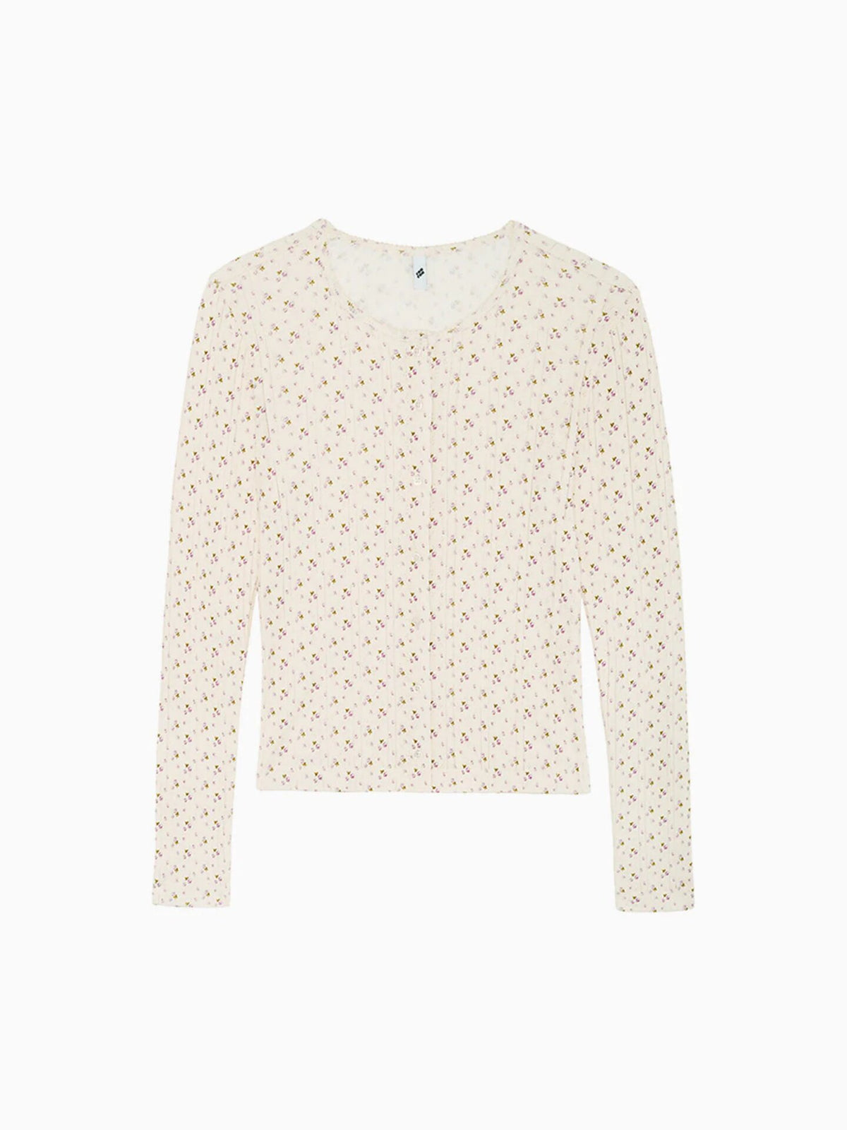 Cream speckled thin knit cardigan, round neck, long sleeves, front button placket