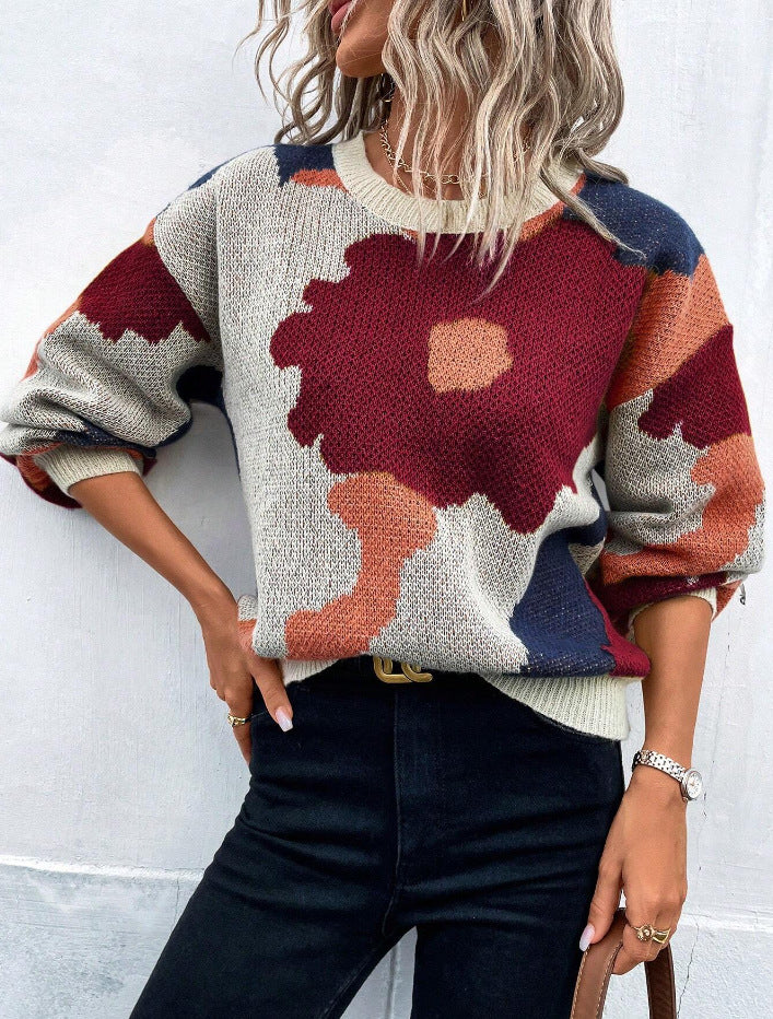 Women’s knitted pullover sweater, round neck, long sleeves, cream with red and blue camo design