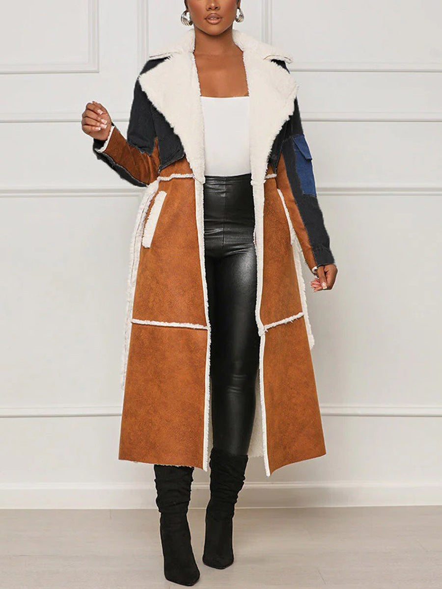 Women’s patchwork color-block long coat, brown and black with white sherpa trim