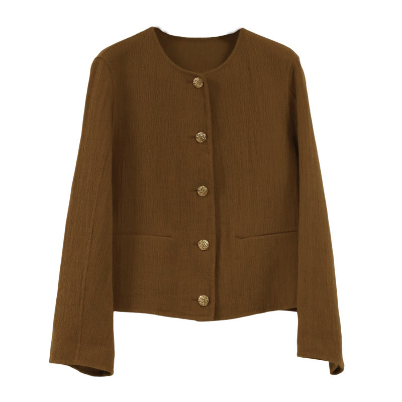 Boiled Wool Jacket for Women — Collarless Button Front with Patch Pockets