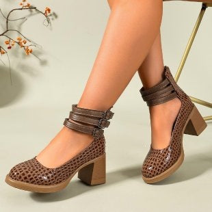 Brown textured Mary Jane platform pumps with buckle ankle strap and block heel